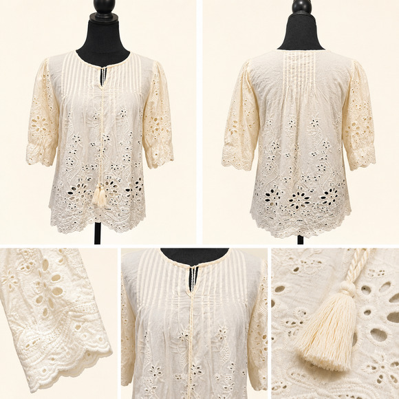 LIV Los Angeles Tops - LIV Los Angeles M Boho Eyelet Peasant Top Cottagecore Western Coastal Twee Folk
